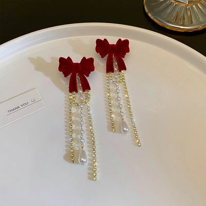 Charming Wine Red Bow Pearl Tassel Earrings 🎀🌟 | Kawaii 2024 Bridal Jewelry ✨