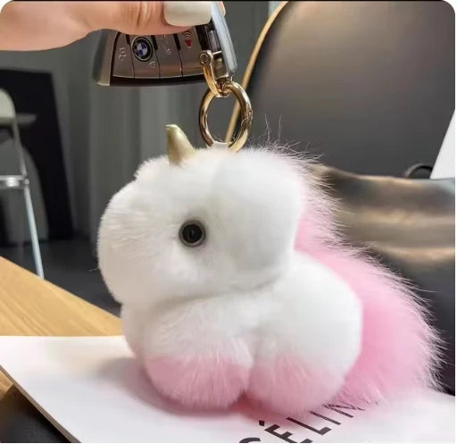 Kawaii Fluffy Unicorn Keychain Charm 🦄✨ Real Rabbit Fur Backpack Clip & Handbag Accessory for Girls & Women