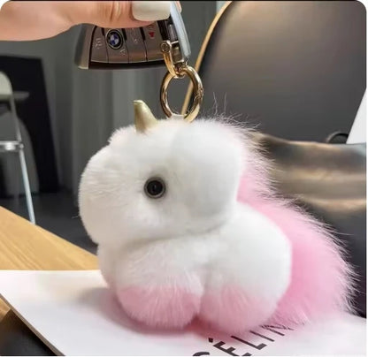 Kawaii Fluffy Unicorn Keychain Charm 🦄✨ Real Rabbit Fur Backpack Clip & Handbag Accessory for Girls & Women