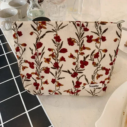 Kawaii Corduroy Floral Makeup Clutch Bag 🌸✨ | Cute Cosmetic Organizer for Women 🎀💄