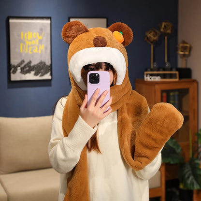 Kawaii Capybara Plush 3-in-1 Hat, Scarf & Gloves 🦙✨ Super Soft & Cozy Christmas Gift for Kids! 🎄💖
