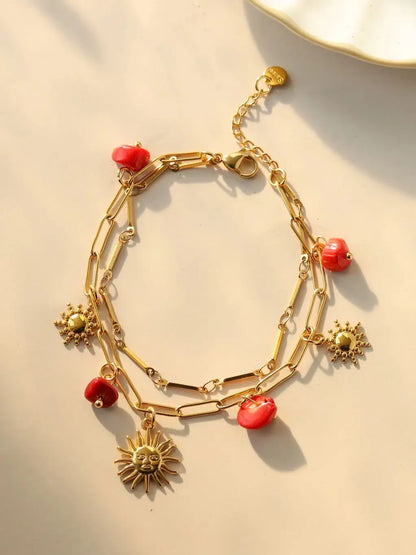 Cute Red Natural Stone Sun Pendant Double Bracelet In Stainless Steel Gold Tone For Women Birthday Gift 💖🌞