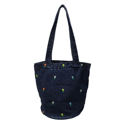 Kawaii Embroidered Denim Bucket Bag 🌸✨ - Trendy Large Capacity Shoulder Tote for 2024!