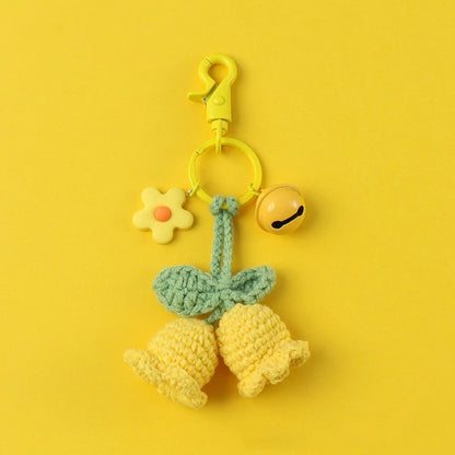 Fluffy Knitted Flower Keychain With Bell 🔔 Crocheted Wool Bag Charm For Women