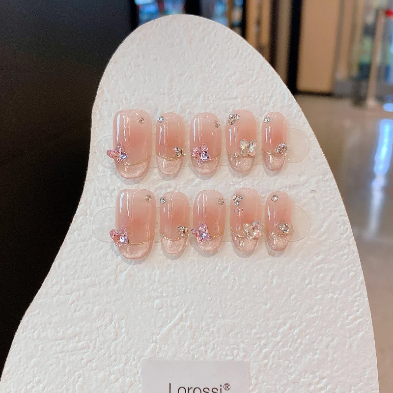 Kawaii Pink Butterfly Press-On Nails 🌸✨ | 10Pcs Almond-Shaped Nail Art with Rhinestones 🦋💖