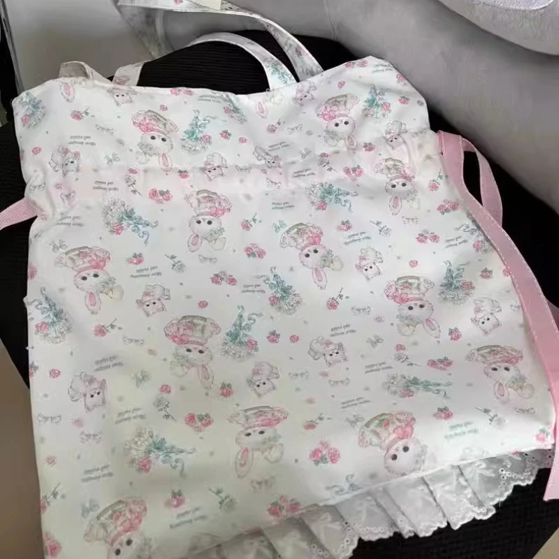 Kawaii Y2K Floral Bunny Bag 🎀✨ Drawstring Pleated Chic Shoulder Tote for Women