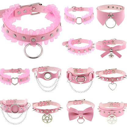 Pink Lace Leather Choker With Heart Pendant, Punk Gothic Style ✨💗