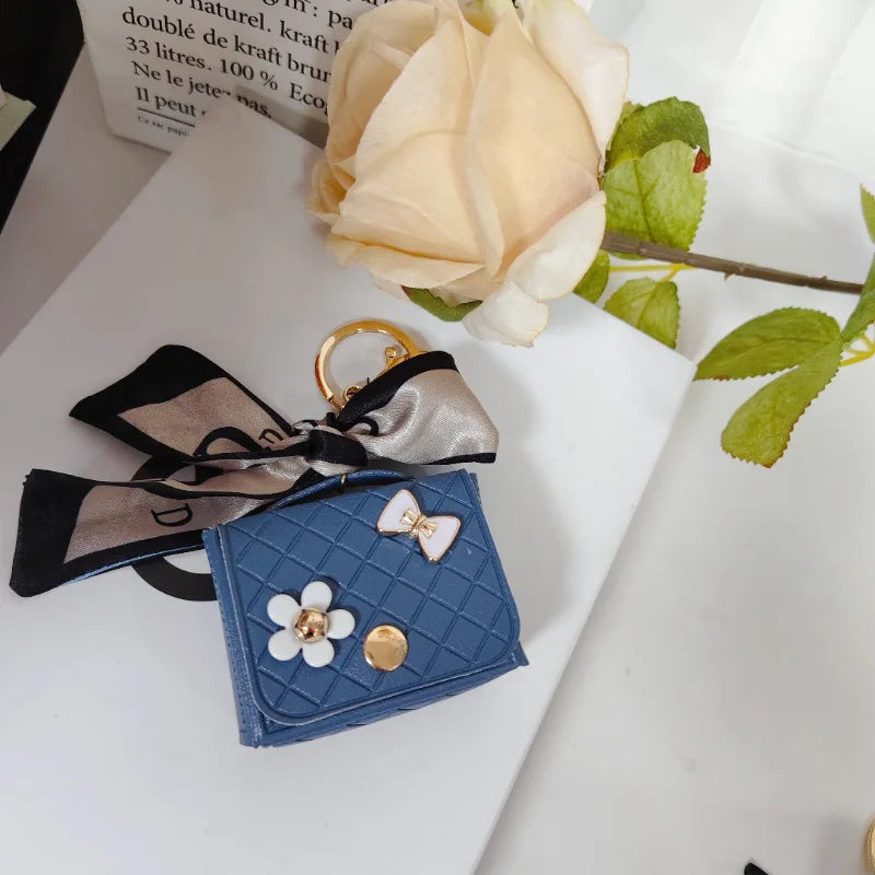 Korean Floral Bow Earphone Storage Keychain Bag Charm Leather Coin Purse 💖👜