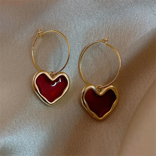 Kawaii Vintage Red Heart Dangle Earrings 💖✨ - Adorable Gold Metal Jewelry Gifts for Women