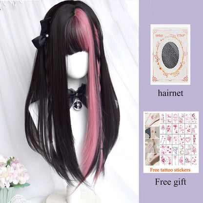 Kawaii Long Black & Red Wavy Wig 💖✨ - Cosplay & Daily Use with Bangs 🎀 | Harajuku Style!