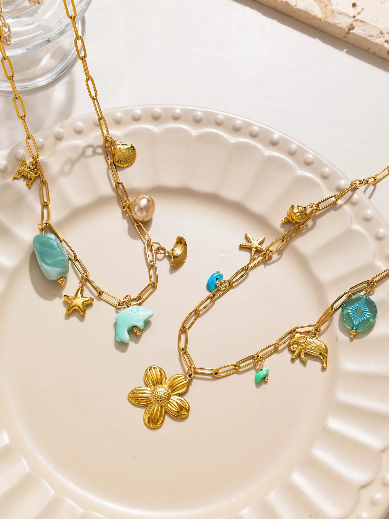 Geometric Pearl Five Point Star Necklace Green Ceramic Stone With Stainless Steel Chain Unisex Fashion Gift ✨💚