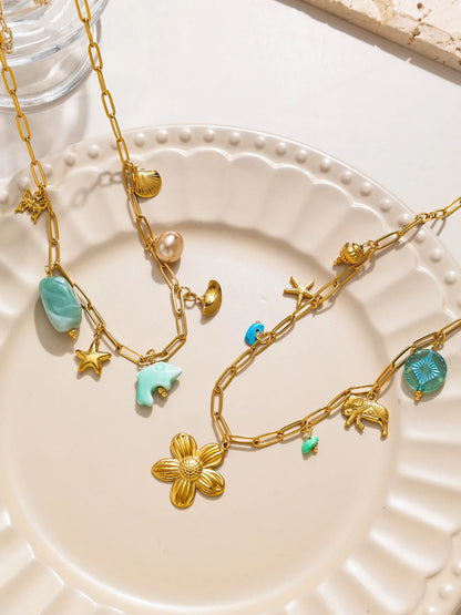 Geometric Pearl Five Point Star Necklace Green Ceramic Stone With Stainless Steel Chain Unisex Fashion Gift ✨💚