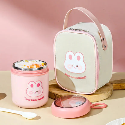 Kawaii 530ml Stainless Steel Lunch Box 🐰🐻 Insulated Bento Box for Kids | Cute Rabbit & Bear Thermal Soup Cup 🌟✨