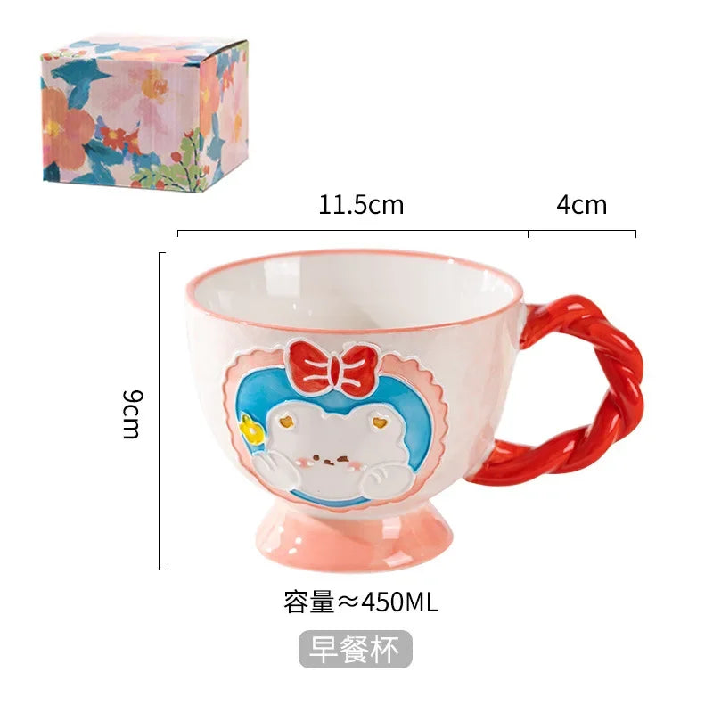 Charming Kawaii 450ml Hand-Painted Ceramic Mug ☕️✨ Cute Breakfast Oatmeal Cup for Joyful Mornings! 🎉