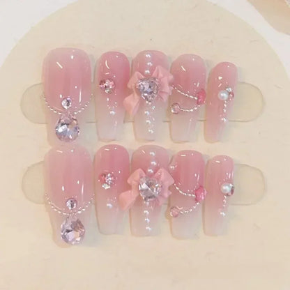 Kawaii Shimmering 10Pcs Handmade Press-On Nails ✨💖 Bowknot Design Coffin Style - Cute & Elegant Full Cover Nail Tips!