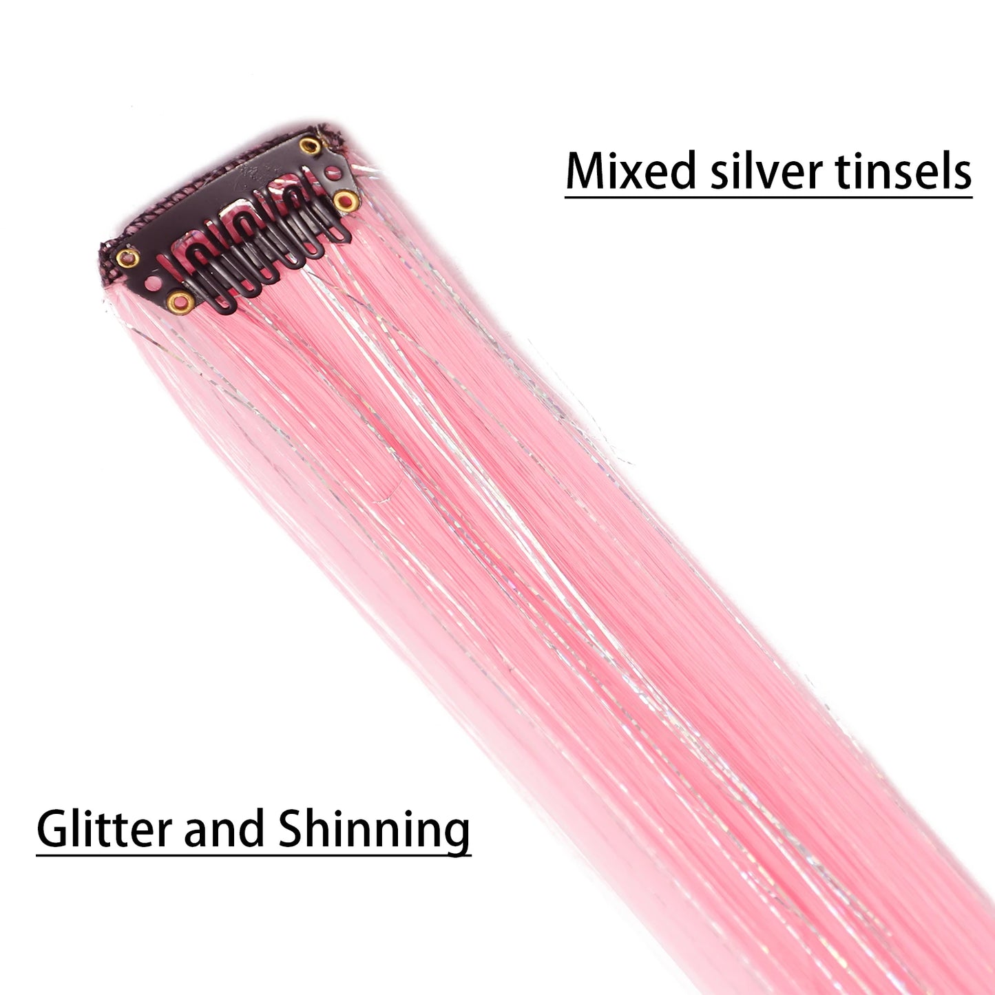 Clip In Pink Hair Extensions With Silver Tinsel Rainbow Highlights For Women ✨💖