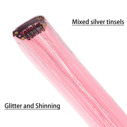 Clip In Pink Hair Extensions With Silver Tinsel Rainbow Highlights For Women ✨💖