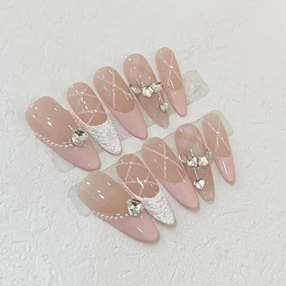 Kawaii 10-Piece Rhinestone Almond Press-On Nails ✨💅 | Handmade Acrylic Nail Art Set for Adorable Looks! 🌟