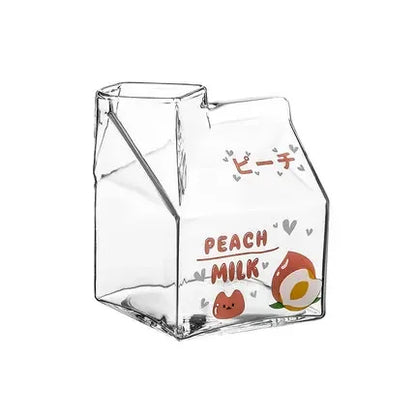 Kawaii Milk Carton Glass Cup 🥛✨ - 380ml Cute Strawberry & Peach Design for Breakfast Fun! 🍑🍓