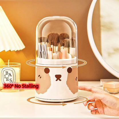 Adorable 360° Rotating Bear Makeup Brush Holder 🐻💖 - Cute Cosmetic Organizer with Lid for Brushes, Lipsticks & More! 🌈✨