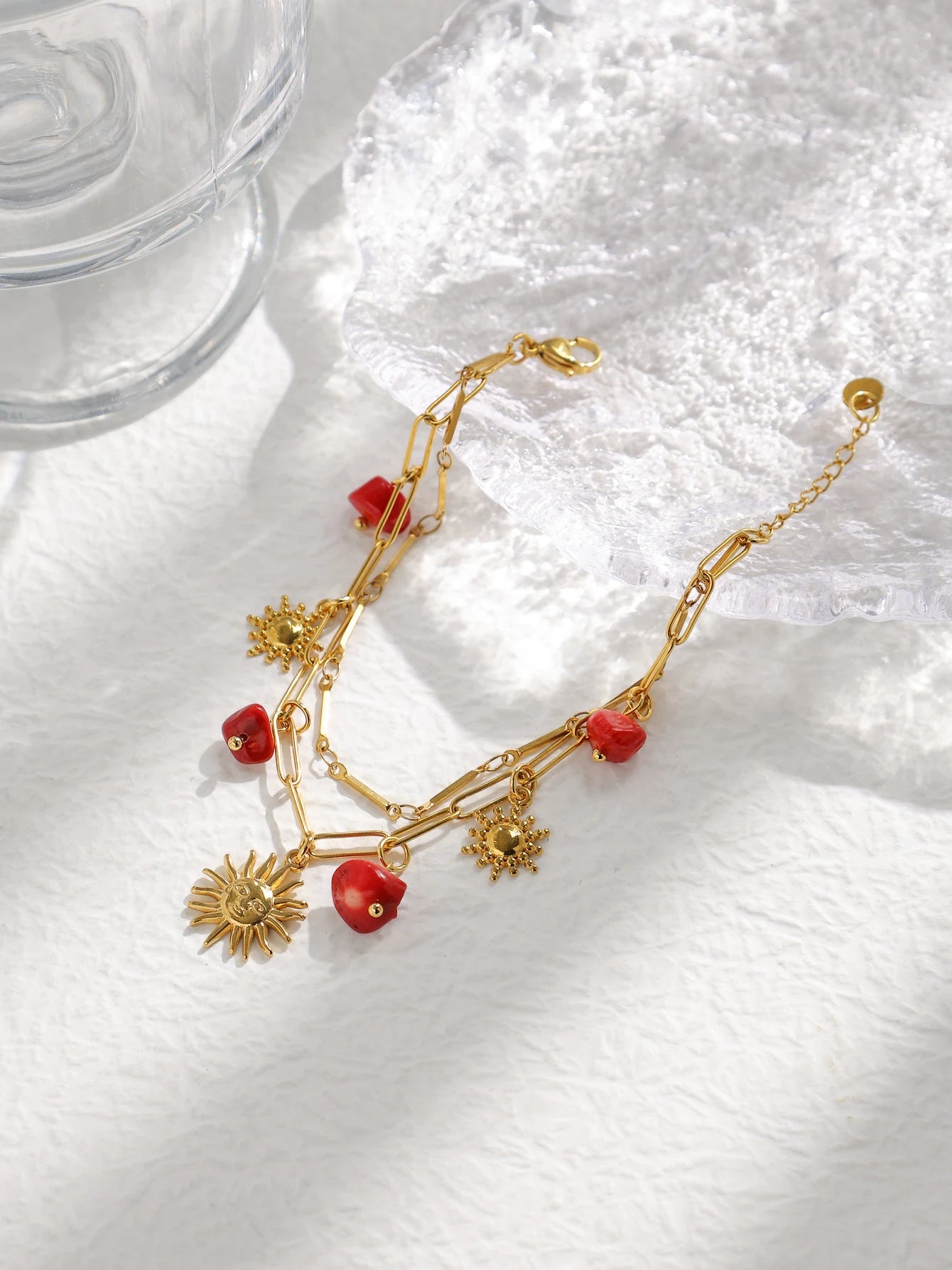 Cute Red Natural Stone Sun Pendant Double Bracelet In Stainless Steel Gold Tone For Women Birthday Gift 💖🌞