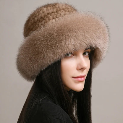 Kawaii Handmade Knitted Mink & Fox Fur Beanie 🎀✨ | Luxury Winter Hat for Stylish Women 🧣❄️