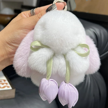Fashion Tulips Rabbit Fur Keychain Alloy Ring Bag Charm Plush Bunny Pendant 🐰✨