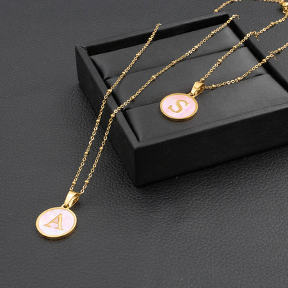 Pink Round Shell 26 Letter Alphabet Pendant Necklace Stainless Steel Charm 💗🪸
