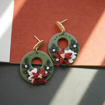 Handmade Floral Wreath Polymer Clay Pattern Earrings Set Multi Color Christmas Dangle Jewelry 🎄🌸✨