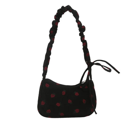 🍓 Adorable Mini Half Moon Strawberry Tote 🌼 Corduroy Shoulder Bag for Fun Outings! 👜 - Pixie Quill