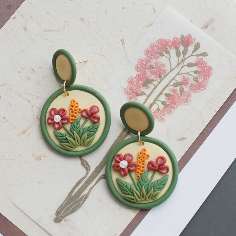 Handmade Crafts Flowers Circle Floral Multi Colors Ethnic Nature Round Polymer Clay Dangle Earrings Sets For Women Gifts