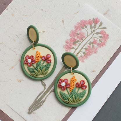 Handmade Crafts Flowers Circle Floral Multi Colors Ethnic Nature Round Polymer Clay Dangle Earrings Sets For Women Gifts