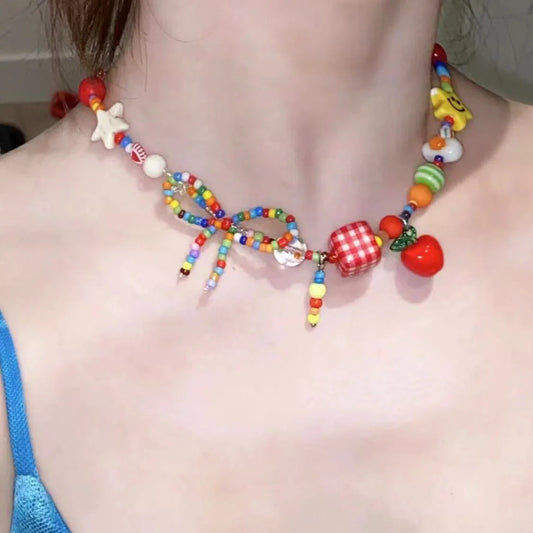 ✨ Cute Y2K Acrylic Bowknot Necklace 🌈 Colorful Beaded Charm for Trendy Women 🎀✨