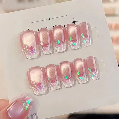 Kawaii Cherry Blossom Cat Eye Coffin Nails 🌸✨ | 10pcs Handmade Press-On Manicure Set 💖💅