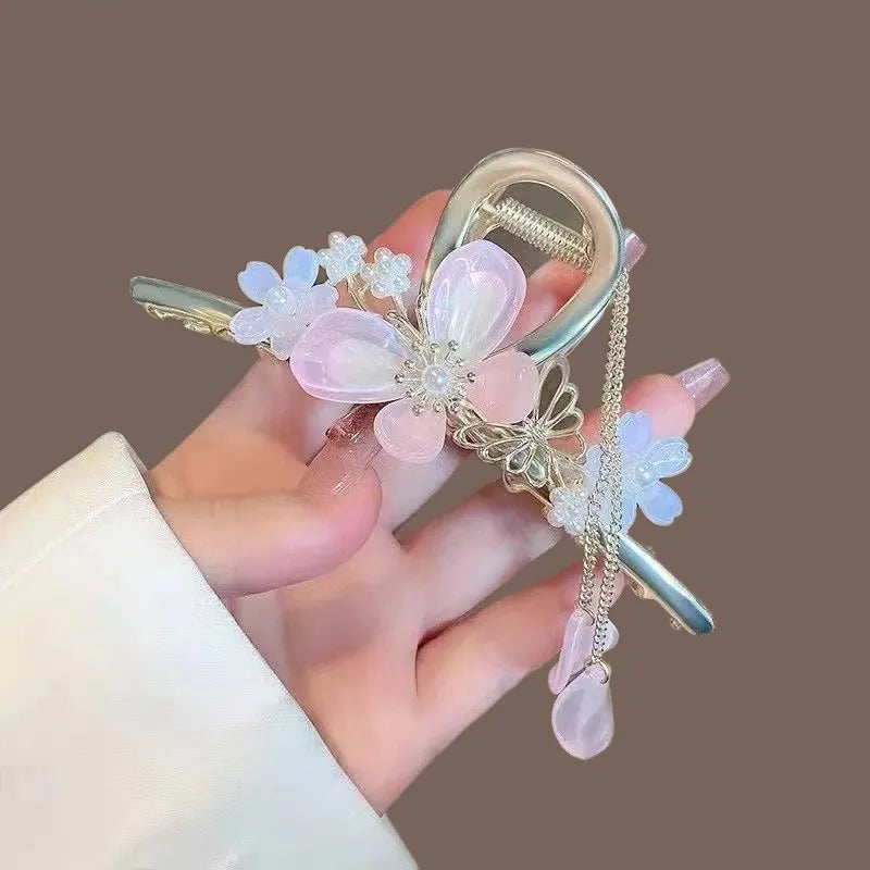 Kawaii Orchid Flower Pearl Tassel Hair Clip 🌸✨ | Adorable Ponytail Grabber for Girls | Trendy Fashion Hair Accessory!