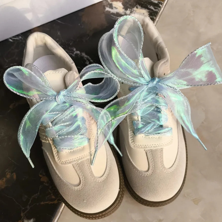 Pastel Chiffon Bowknot Shoelaces For Sneakers 80-140cm 🩷✨ Shiny Fishtail
