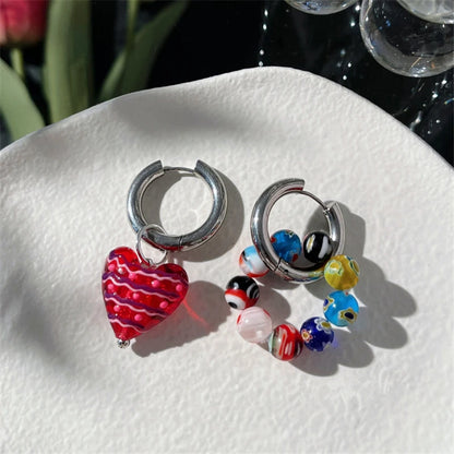 Kawaii Sweetheart Red Glass Heart Drop Earrings 💖✨ - Adorable Asymmetrical Jewelry for Party Girls!