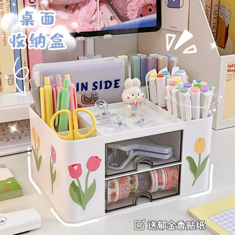 Kawaii Desktop Pen Holder 🌈✨ Cute Storage Box with Drawer for Office & School Supplies 🖊️📏