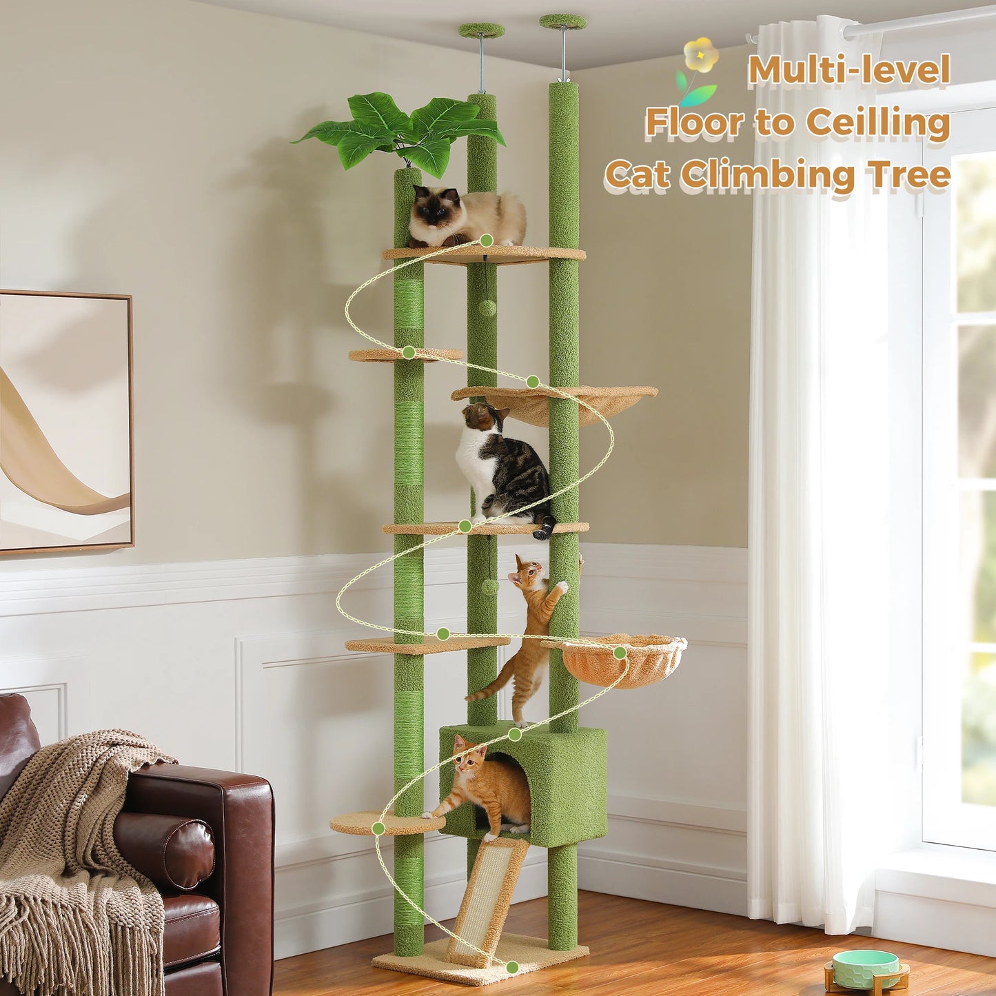 Cactus Cat Tree Floor To Ceiling Tower With Adjustable Height And Hammock 🐱🐾