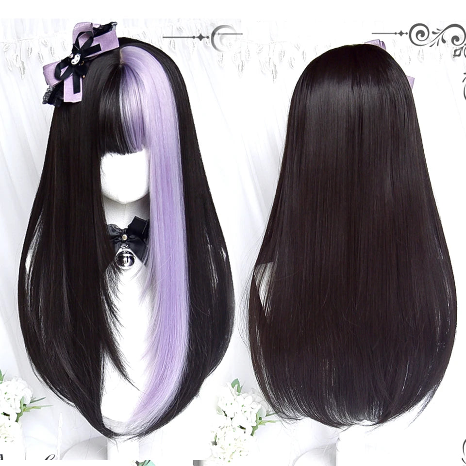 Kawaii Long Black & Red Wavy Wig 💖✨ - Cosplay & Daily Use with Bangs 🎀 | Harajuku Style!