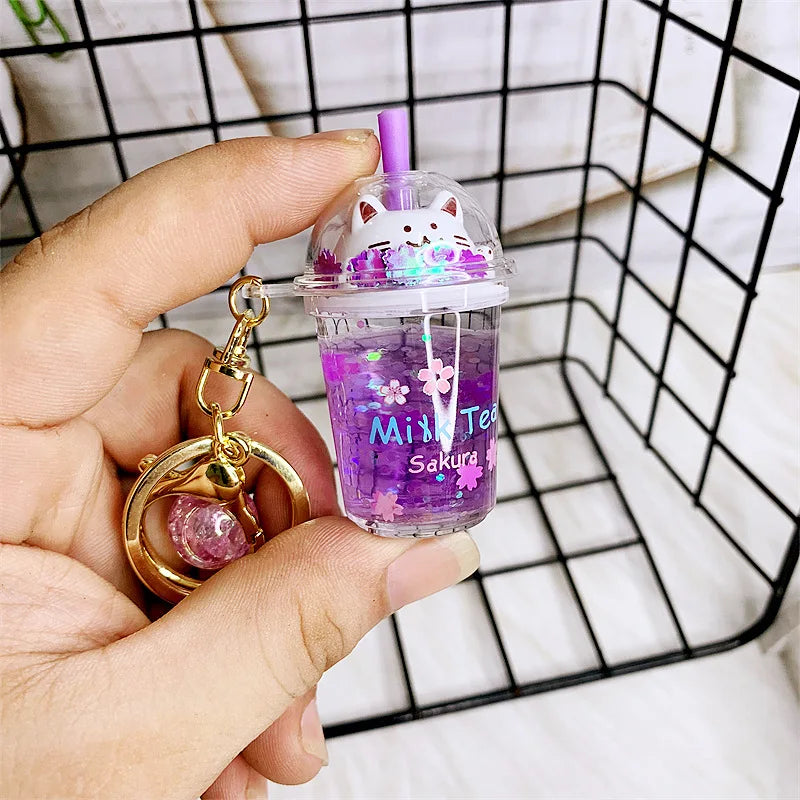 🌸 Cute Cat Milk Tea Keychain 🐱✨ Adorable Sakura Car Pendant Gift! - Pixie Quill
