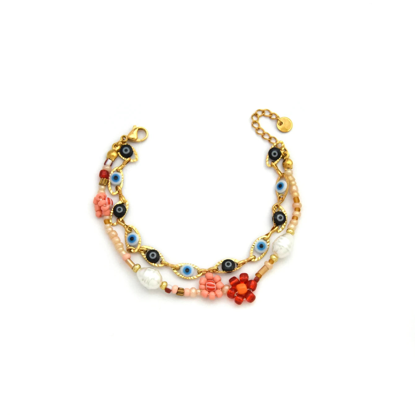 Stainless Steel Evil Eye Pearl Double Layer Bracelet For Women Enamel Rice Beads Jewelry With Lucky Turkish Charm 🧿✨💎