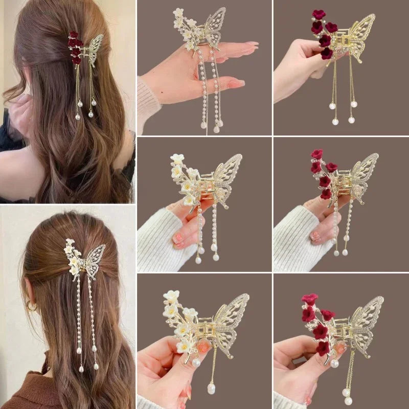 Kawaii Butterfly Pearl Hair Claw 🌸✨ | Cute Red Flower Hairpin for Girls & Women 🎀 | Perfect Festival & Party Accessory!