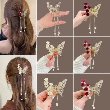 Kawaii Butterfly Pearl Hair Claw 🌸✨ | Cute Red Flower Hairpin for Girls & Women 🎀 | Perfect Festival & Party Accessory!