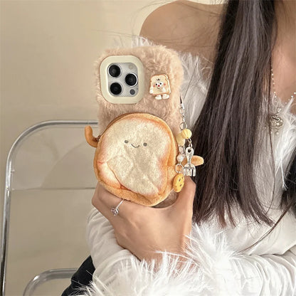 Kawaii Plush Bread Change Purse Phone Case for iPhone 16/15/14/13 Pro Max 🍞💖 Shockproof & Adorable Cartoon Design!