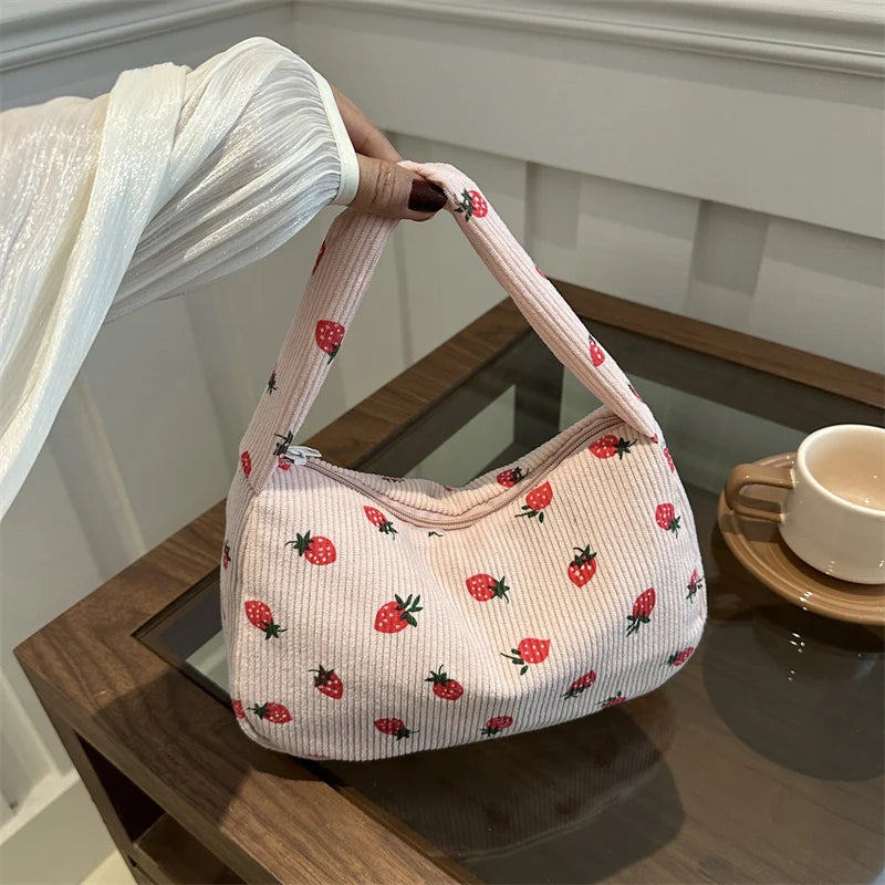 Strawberry Printed Shoulder Bag Corduroy Crossbody Bag Large Capacity Women Tote Bag Aesthetic Commuting Satchel Handbags Bolsas - Pixie Quill