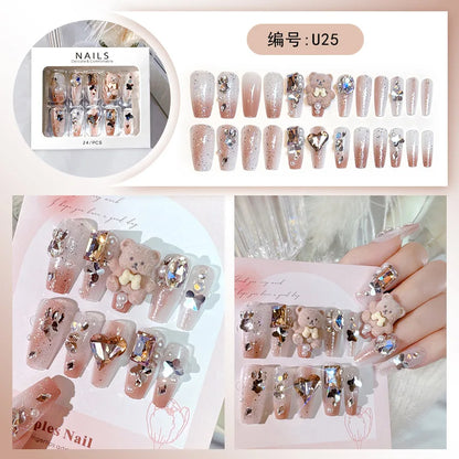 Kawaii Bunny Blossom 🌸✨ 24pcs Pink Flower Rhinestone Coffin Press-On Nails - Acrylic Nail Art for a Cute Touch! 🐰💖