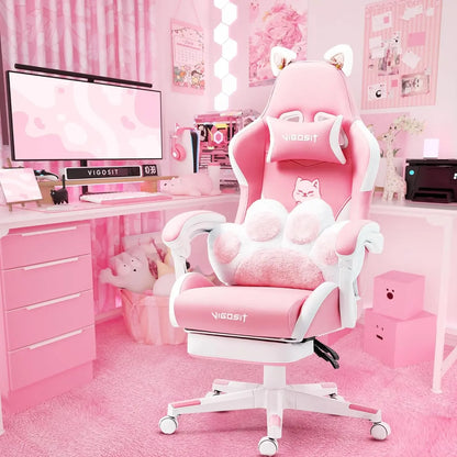 Kawaii Cat Ears Gaming Chair 🐾💖 | Ergonomic Pink PC Chair with Plush Lumbar Cushion & Footrest 🐱✨