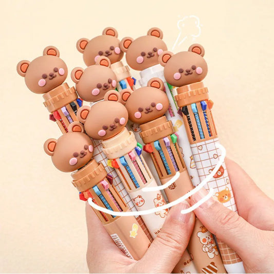 Kawaii Cartoon Bear Ballpoint Pens 🌈✨ - 10 Colorful 0.5mm Gel Ink Pens for Kids 🎀 | Adorable School & Office Stationery Supplies 🐻✏️