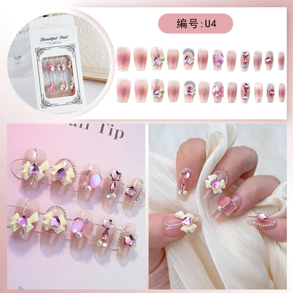 Kawaii Bunny Blossom 🌸✨ 24pcs Pink Flower Rhinestone Coffin Press-On Nails - Acrylic Nail Art for a Cute Touch! 🐰💖